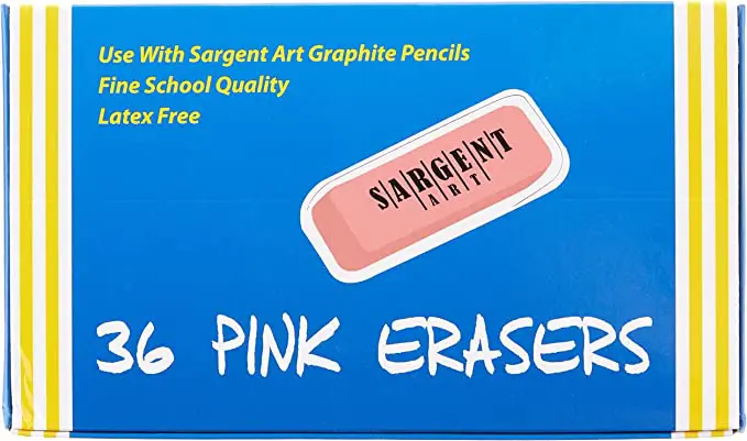 A box of pink erasers with the words " sargent art graphite pencils " written on it.