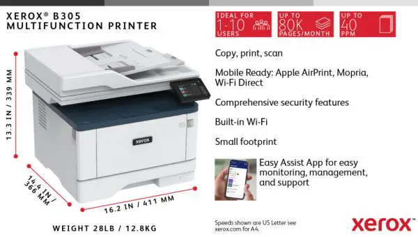Xerox B305 A4 38ppm Wireless Duplex Copy/Print/Scan PS3 PCL5e/6 2 Trays 350 Sheets - Image 18